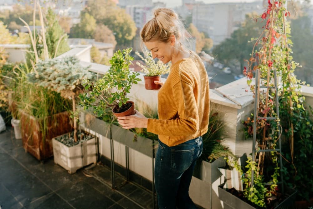 a woman standing on her balcony looking at her potted plants