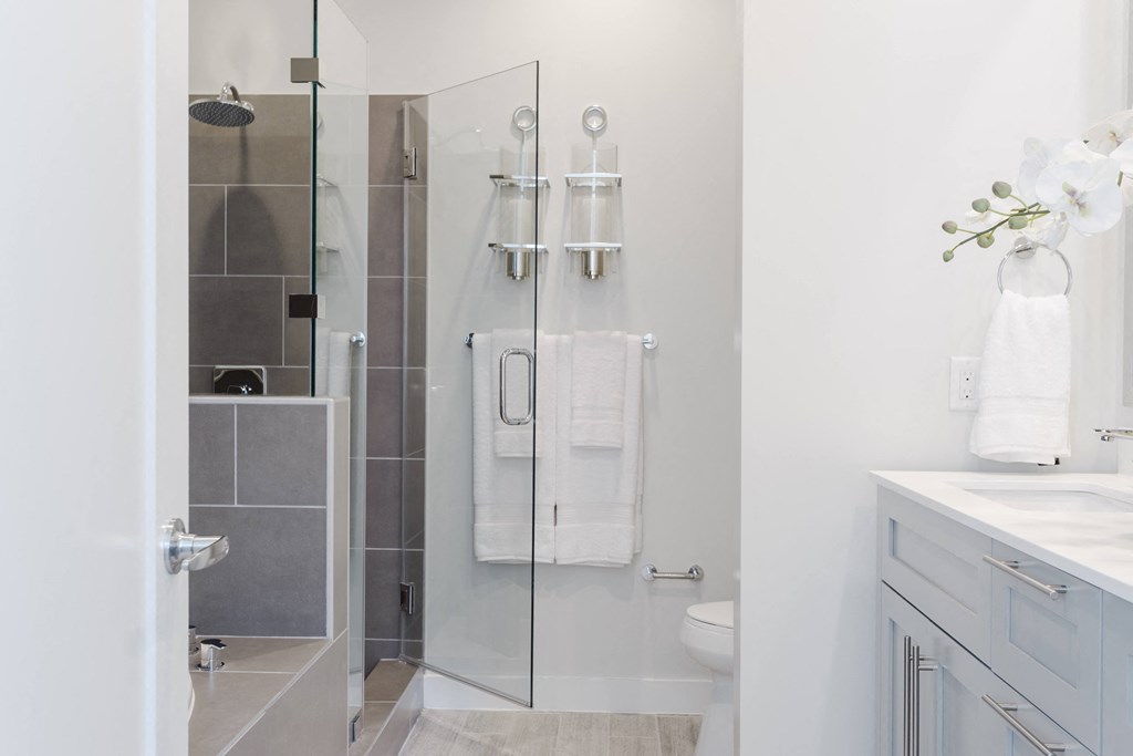 a bathroom with a shower and a sink and a toilet