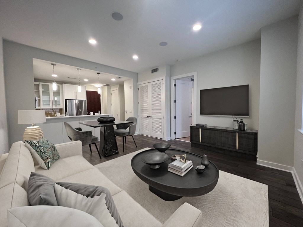 a living room with a couch and a table