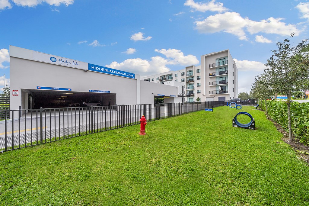 Dog park with grassy area with a fire hydrant in front of a building