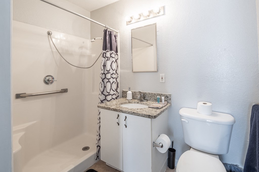 a bathroom with a sink toilet and shower
