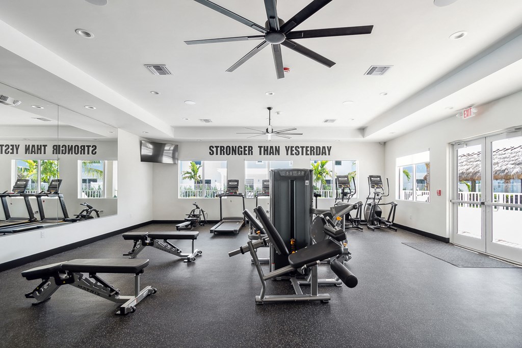 the gym has plenty of exercise equipment and windows