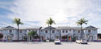 a rendering of a three story apartment building with palm trees in front of it