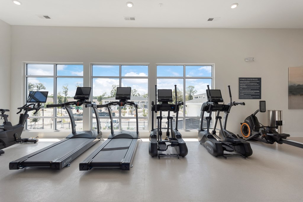 the gym with treadmills and ellipticals at the preserve at great pond apartments