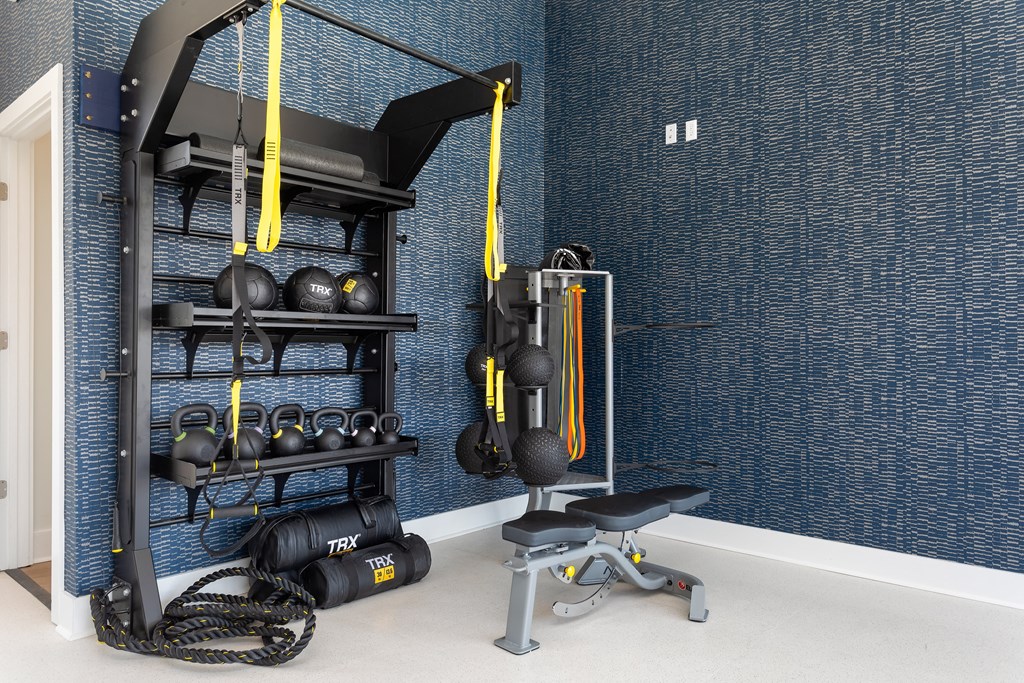 a workout room with weights and a rack of dumbbells on the wall
