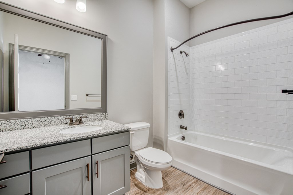 a bathroom with a shower toilet and sink and a mirror