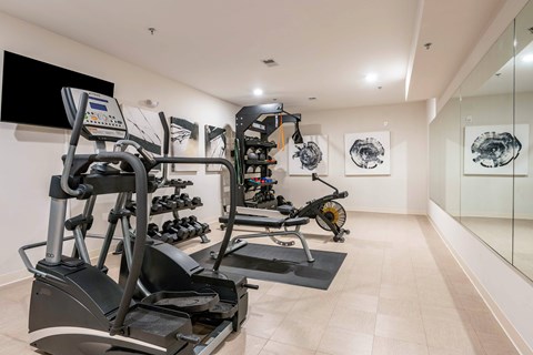 A gym with treadmills, elliptical machines, and exercise bikes.