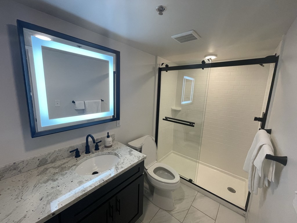 a bathroom with a large mirror and a toilet and a shower