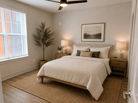 A bedroom with a bed, two lamps, and a painting on the wall.