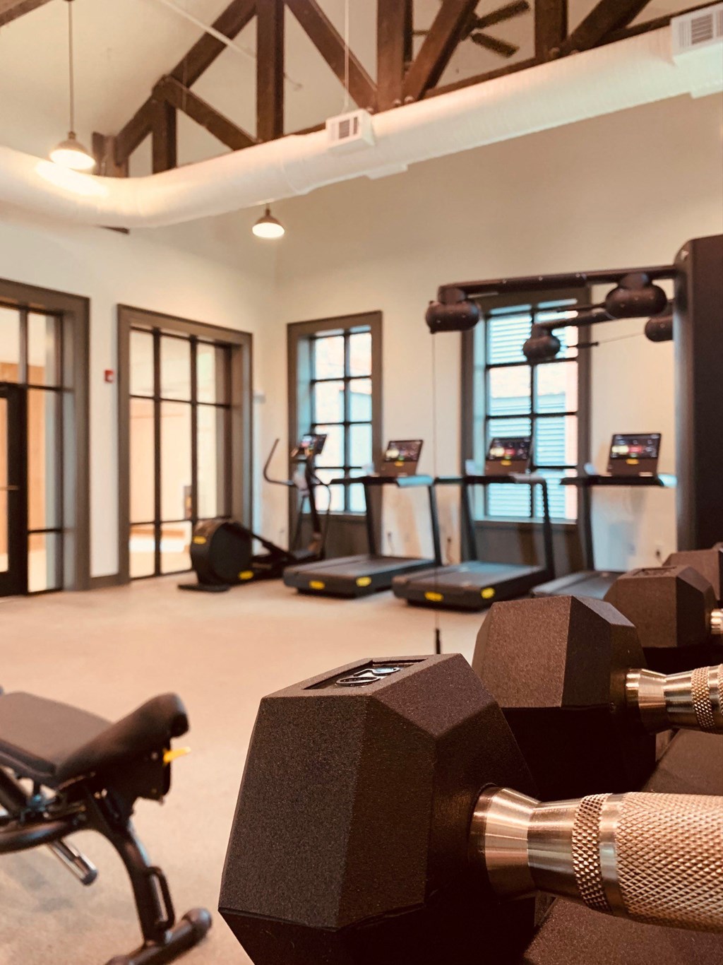 a fitness room with weights and cardio equipment