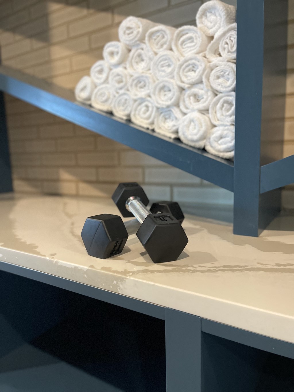 a pair of dumbbells sitting on a table on a shelf