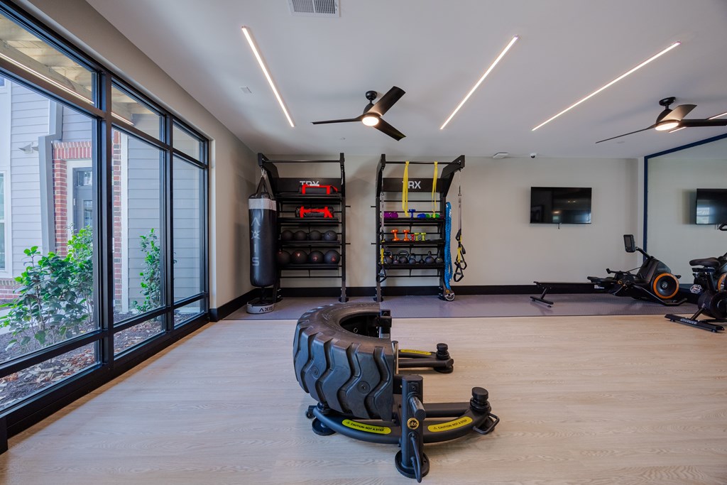 A room with a tire, a fan, and exercise equipment.