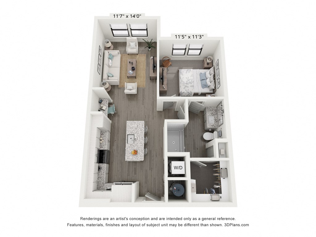 a 1 bedroom floorplan with a wood floor