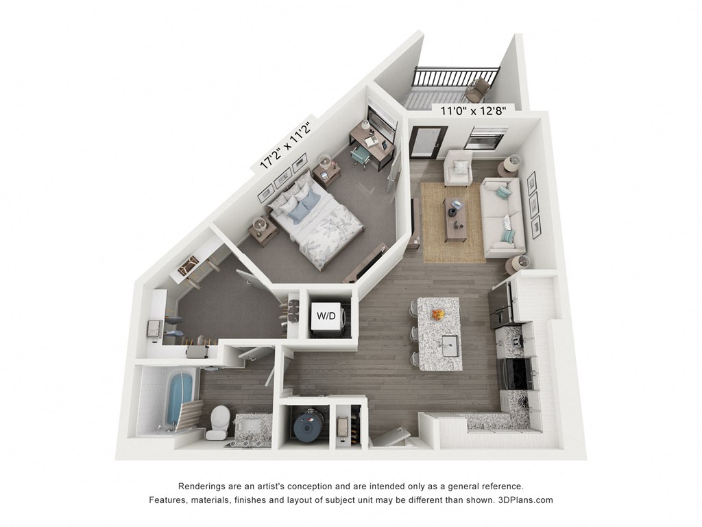 a 3d floor plan of a house with a bedroom and a living room