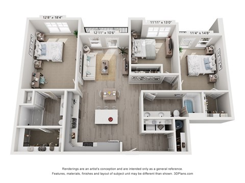 A 3D floor plan of a house with four bedrooms, a living room, a kitchen, and a bathroom.