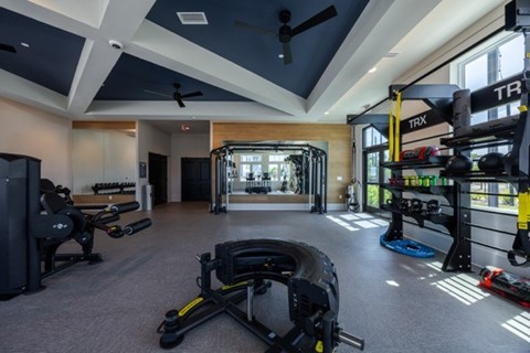 A gym with a TRX suspension trainer and other workout equipment.
