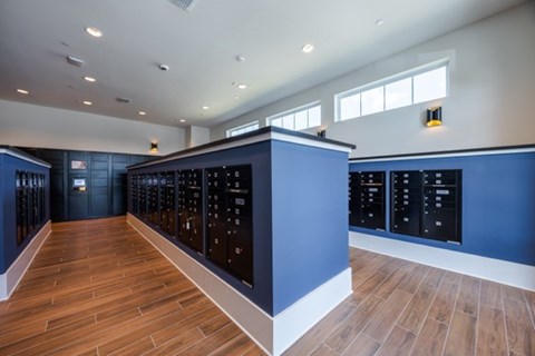 A long hallway with a series of black panels on the wall.