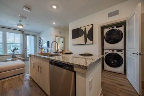A modern kitchen with a washer and dryer built into the cabinetry.