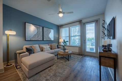 A living room with a grey couch, a lamp, a painting and a ceiling fan.