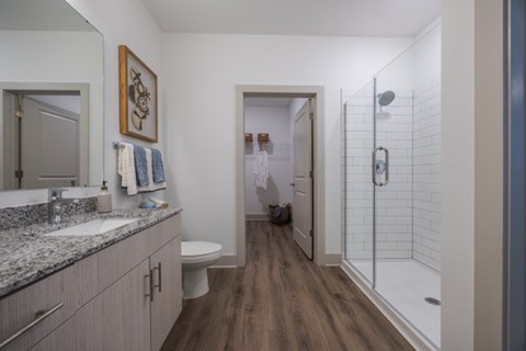 A bathroom with a walk in shower and a toilet.
