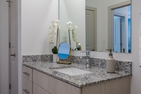 A bathroom with a granite countertop and a sink with a gold-framed mirror.