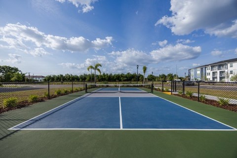A tennis court with a blue surface and white lines, surrounded by a fence and palm trees.