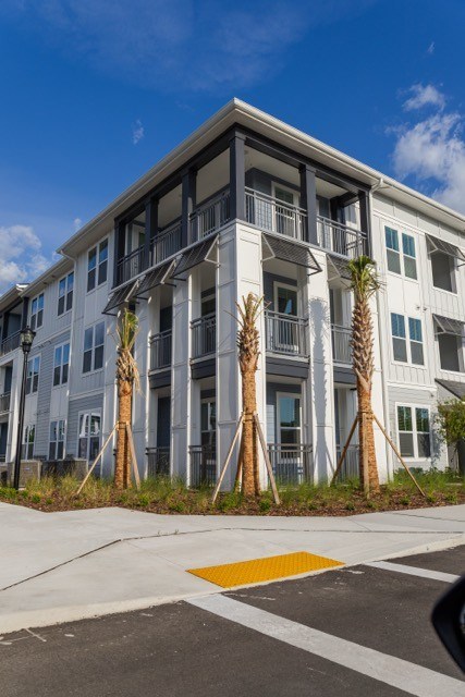 A modern building with palm trees in front.