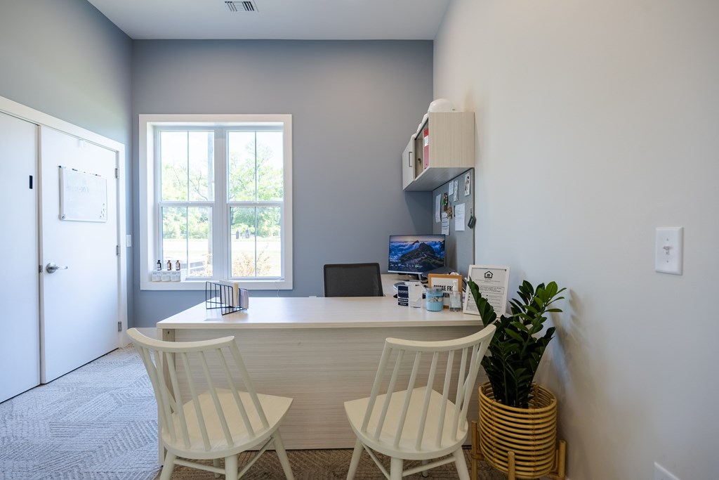 A room with a desk, two chairs, and a plant.