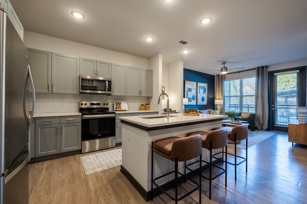 Kitchen and Living Room of 1-Bedroom Apartment Homes 1-Bedroom Apartments in Lawrenceville, Gwinnett County, Georgia