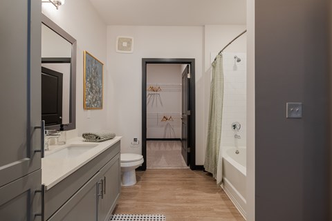 Spacious Bathroom with Walk-In Closet, Granite Countertops, Ample Storage, and Soaking Tub / Tiled Shower