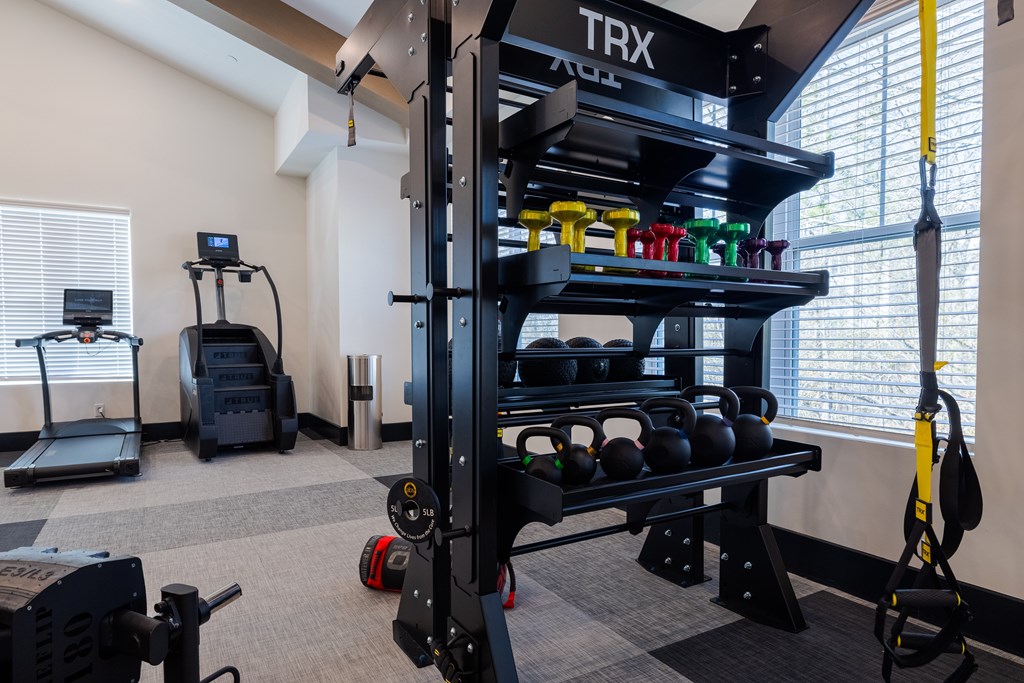 TRX Station with Kettlebells, Battle Ropes, TRX Straps, Stairmaster, and Treadmill in Gym Gym at Madison Trails Apartment Community in Northeast Atlanta, Lawrenceville, Georgia