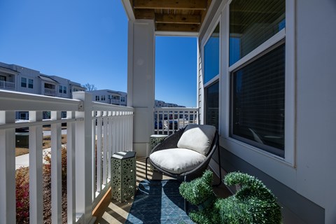 A chair and a small green bush are on a balcony.