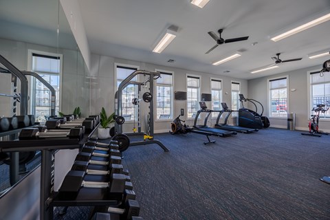 A gym with a variety of equipment including treadmills, elliptical machines, and weights.