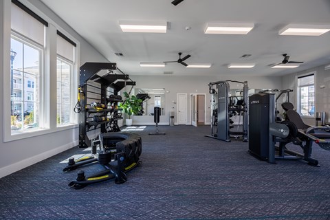 A gym with a variety of equipment including treadmills, weights, and exercise machines.