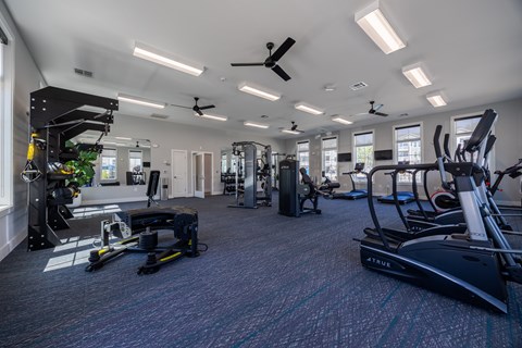 A spacious gym with a variety of equipment including treadmills, elliptical machines, and a weight rack.