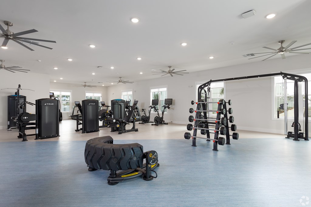 A spacious gym with a variety of equipment including treadmills, weights, and exercise machines.