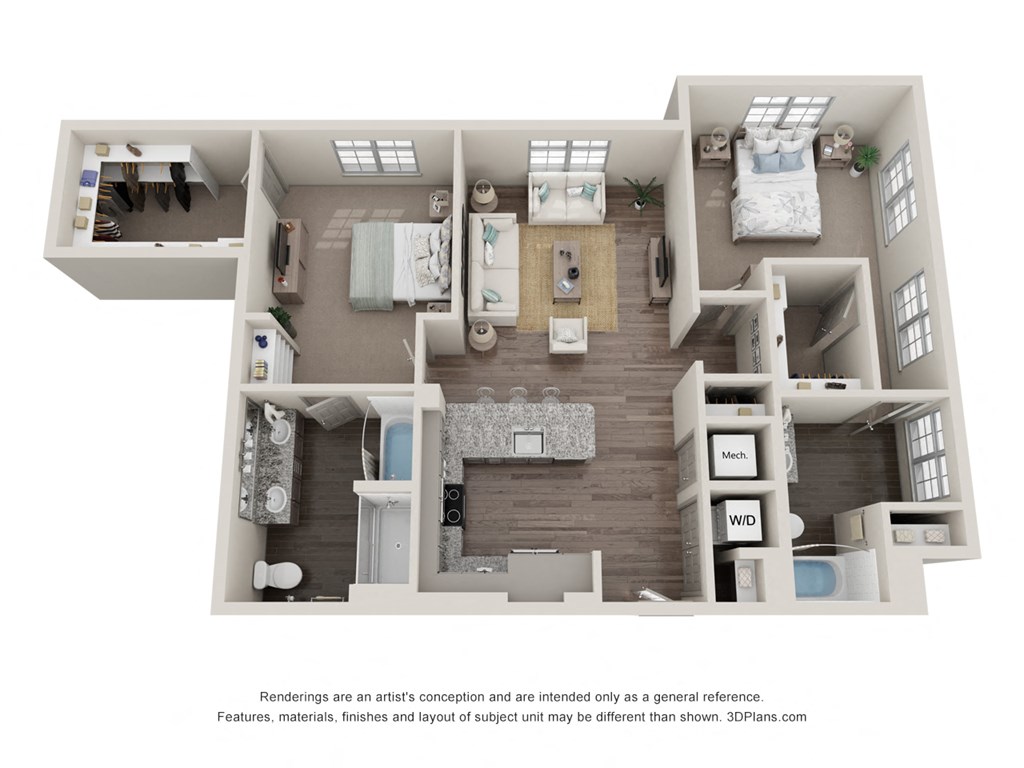 a stylized floor plan with a bedroom and living room