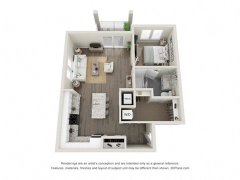 a stylized floor plan with a bedroom and a kitchen