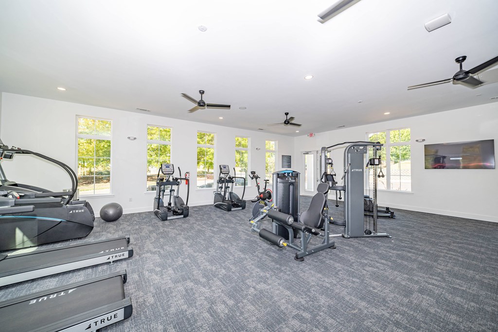 the gym has plenty of exercise equipment and windows