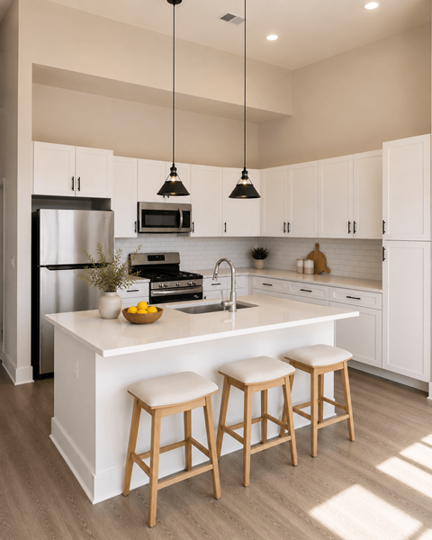 A kitchen with white cabinets and a white island with two stools.