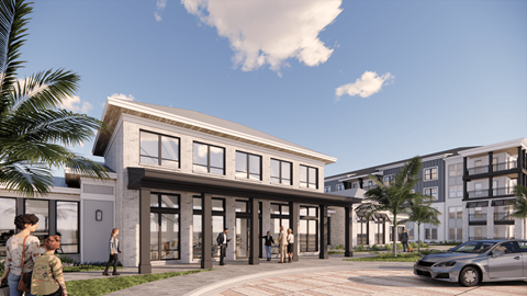 A modern building with people walking in front.