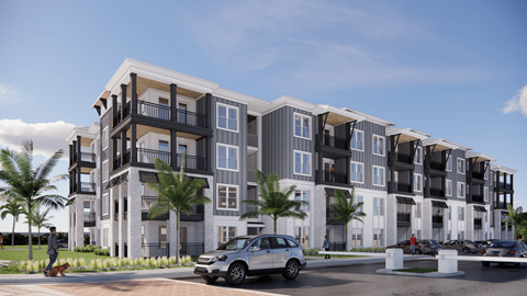 A modern apartment complex with balconies and multiple stories.