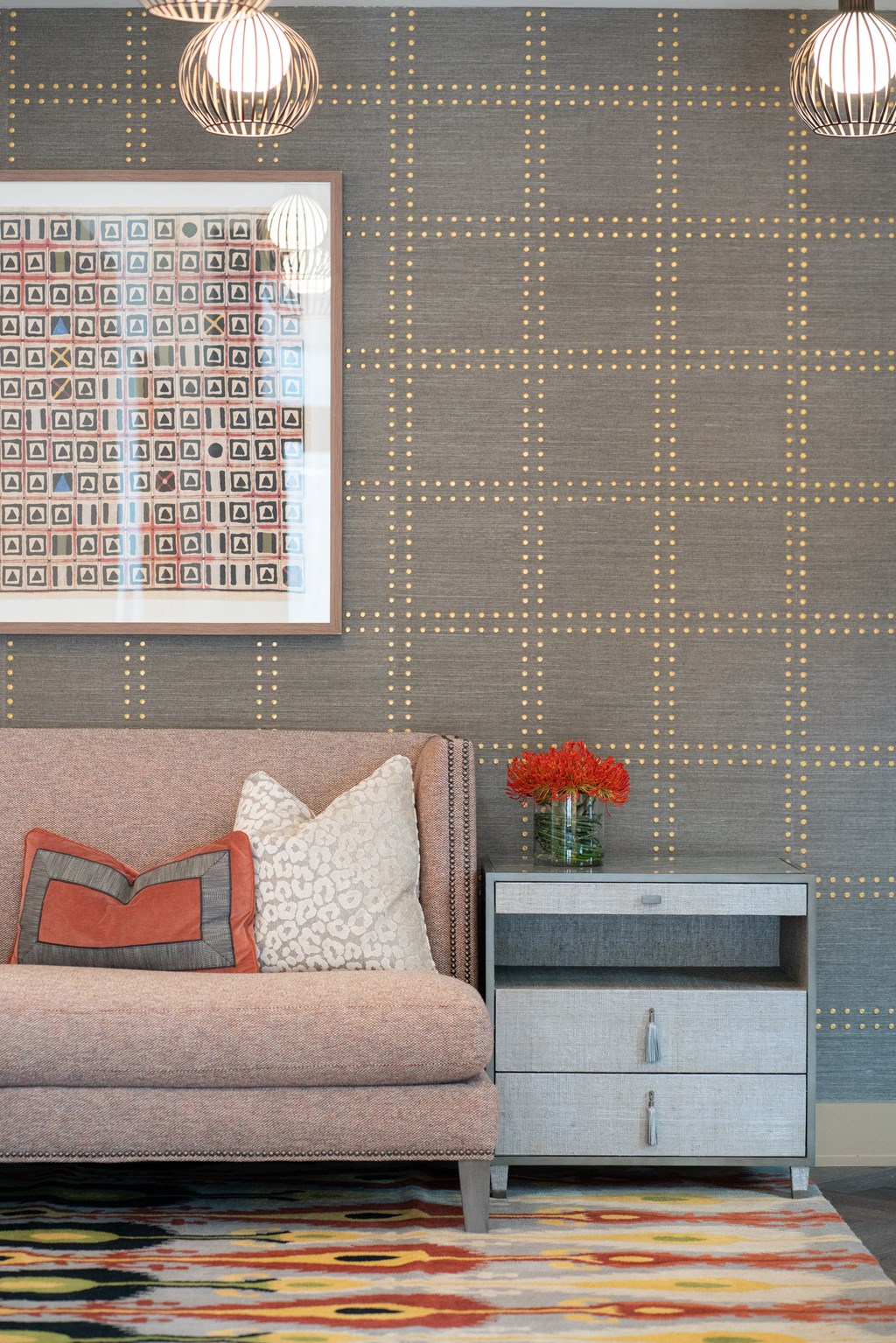 a living room with a couch and a drawer