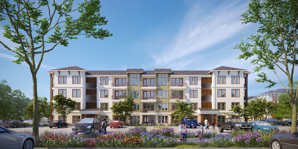 a rendering of a large apartment building with cars parked in front of it