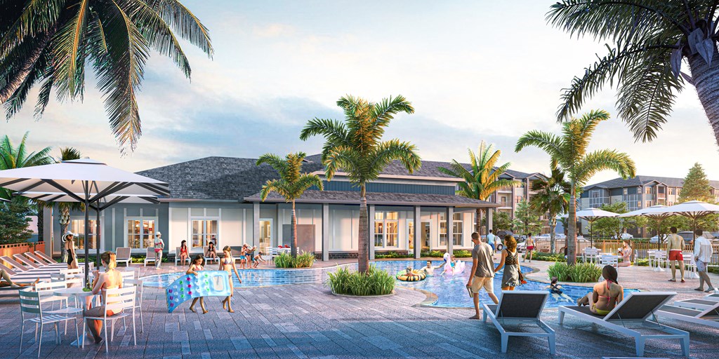 A group of people are enjoying a sunny day at a poolside resort.