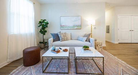 A living room with a white couch, a brown ottoman, a glass coffee table, and a rug.