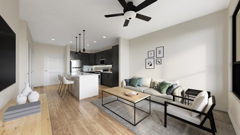 A modern living room with a black and white color scheme.