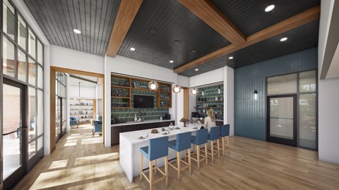 A modern kitchen with a dining table and chairs.