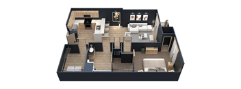A 3D floor plan of a modern apartment with a living room, kitchen, and bedrooms.