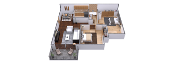 A 3D floor plan of a house with a kitchen, living room, and bedrooms.